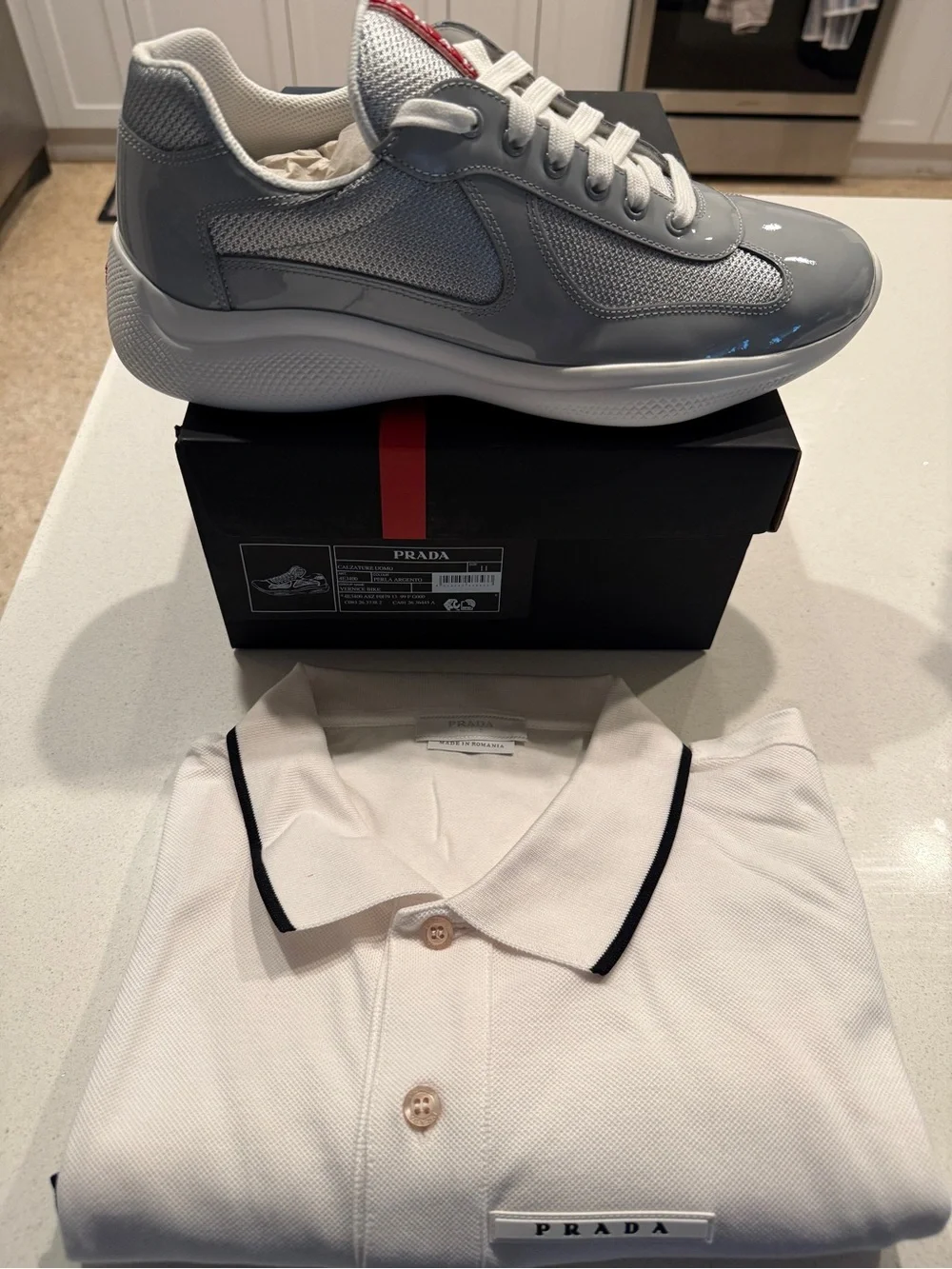 Prada Men’s Light Gray and White Lace-Up Sneakers with Red Logo Tape